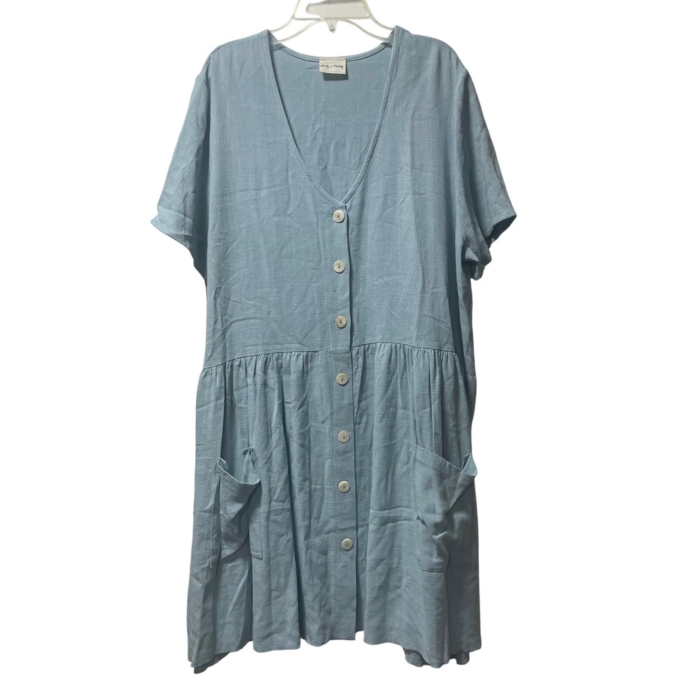 Lovely‎ Melody Womens 1XL Light Blue Linen Blend Button Down Pocket Dress Casual